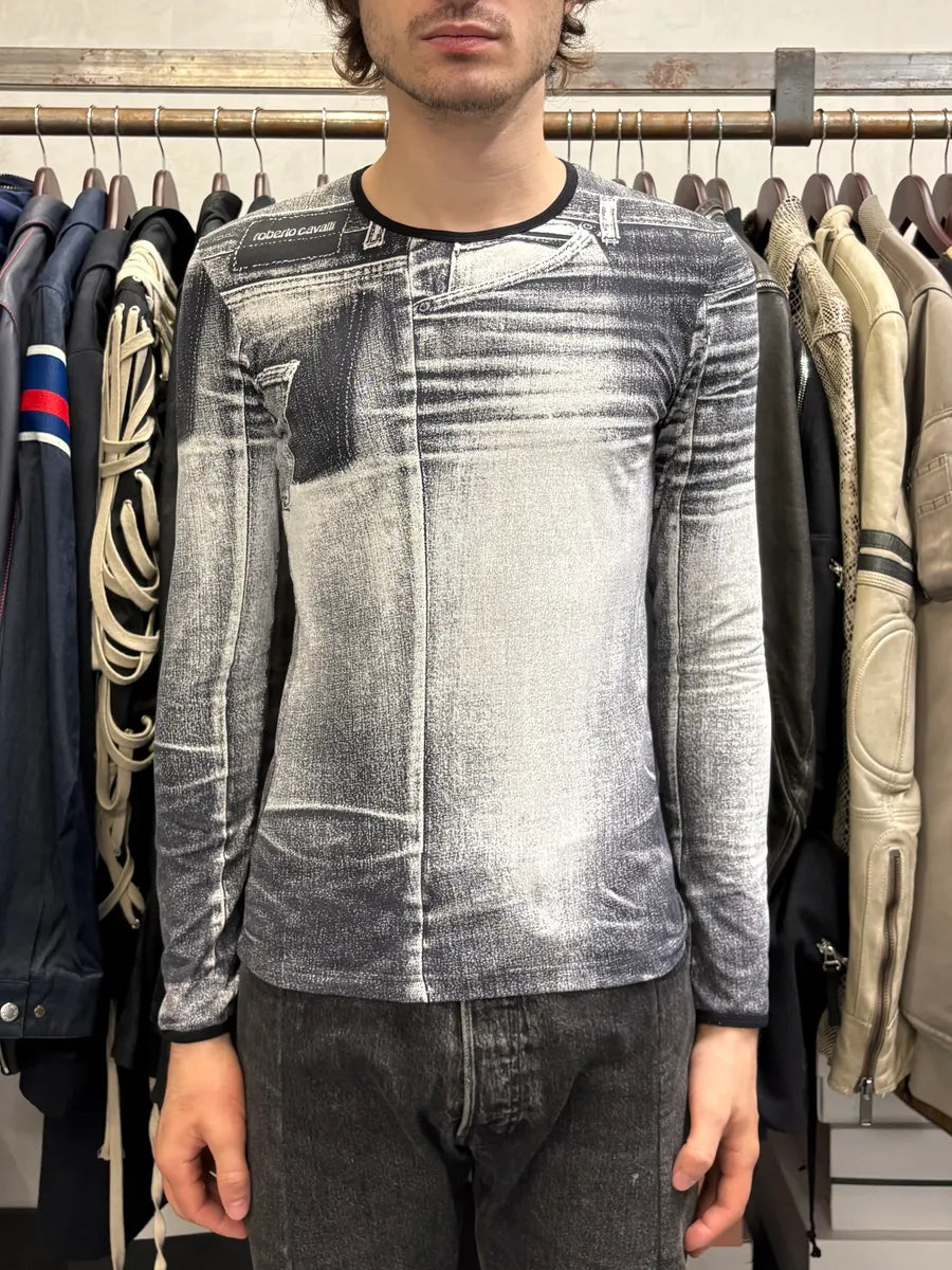 2000s Roberto Cavalli Grey Denim Trompe L’Oeil Longsleeves kDvqxcT 1