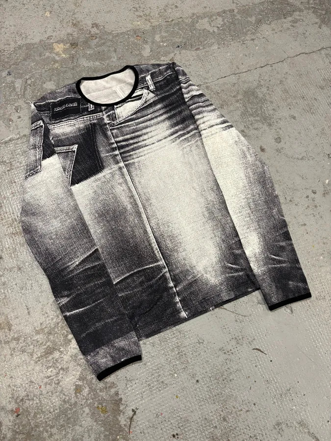 2000s Roberto Cavalli Grey Denim Trompe L’Oeil Longsleeves kDvqxcT 3
