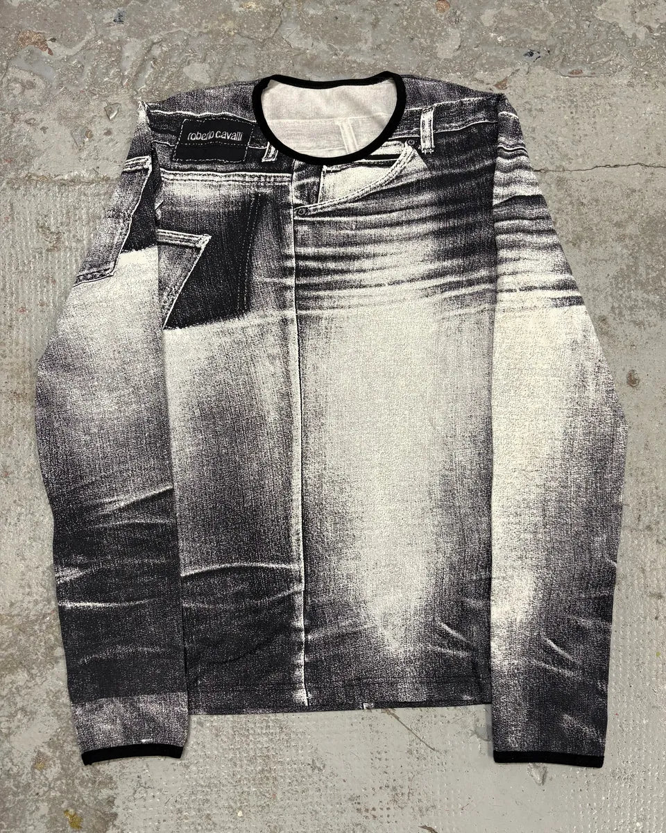 2000s Roberto Cavalli Grey Denim Trompe L’Oeil Longsleeves kDvqxcT 0