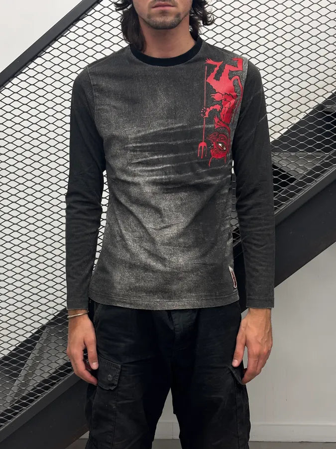 2000s Roberto Cavalli Grey Embroidered Devils Longsleeve T-Shirt KucfqzU 1