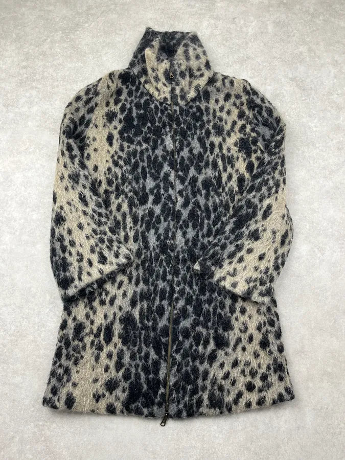 2000s Roberto Cavalli Grey Leopard Wool & Mohair Zip Long Coat mGoJaBo 0