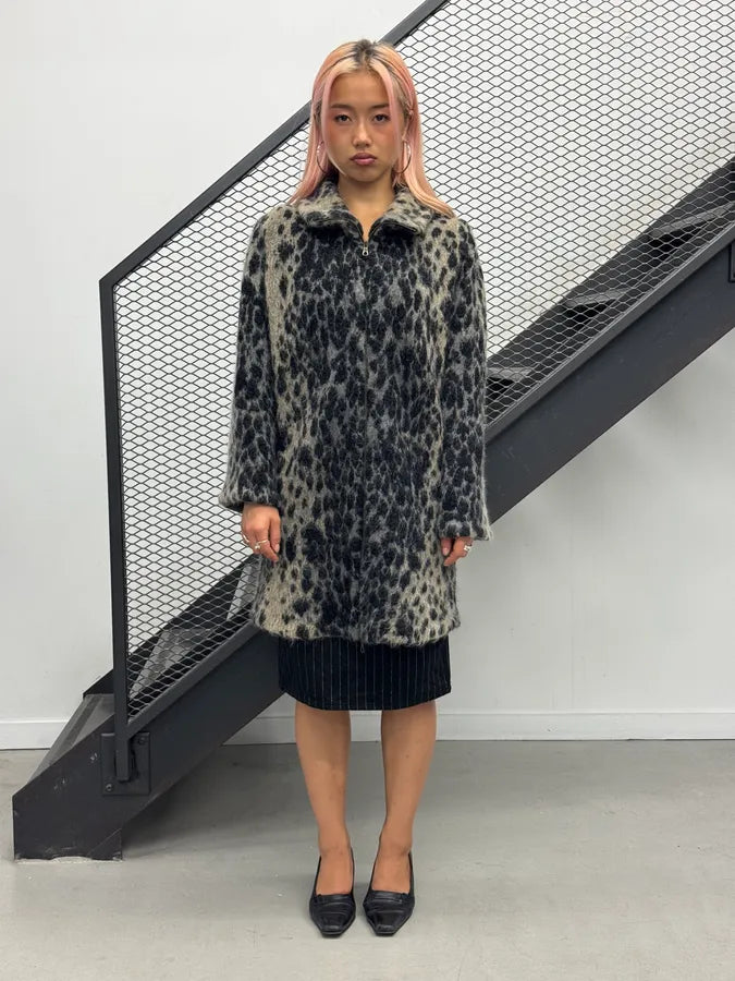 2000s Roberto Cavalli Grey Leopard Wool & Mohair Zip Long Coat mGoJaBo 1