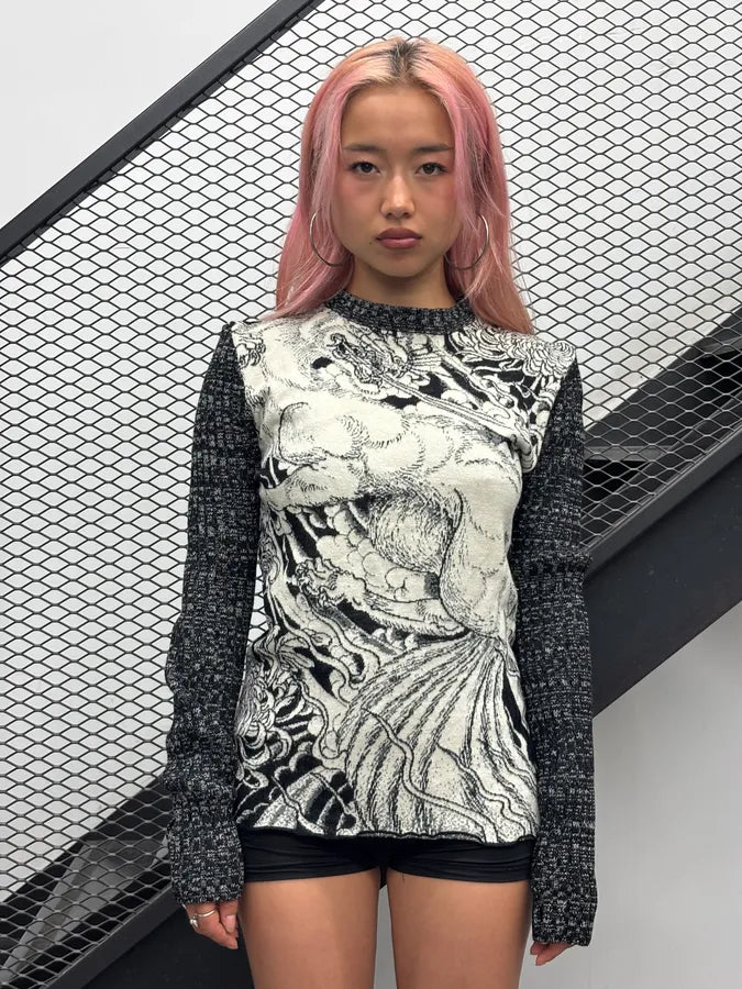 2000s Roberto Cavalli Grey Wool Hallucination Manga Sweater  iVsxBzv 0