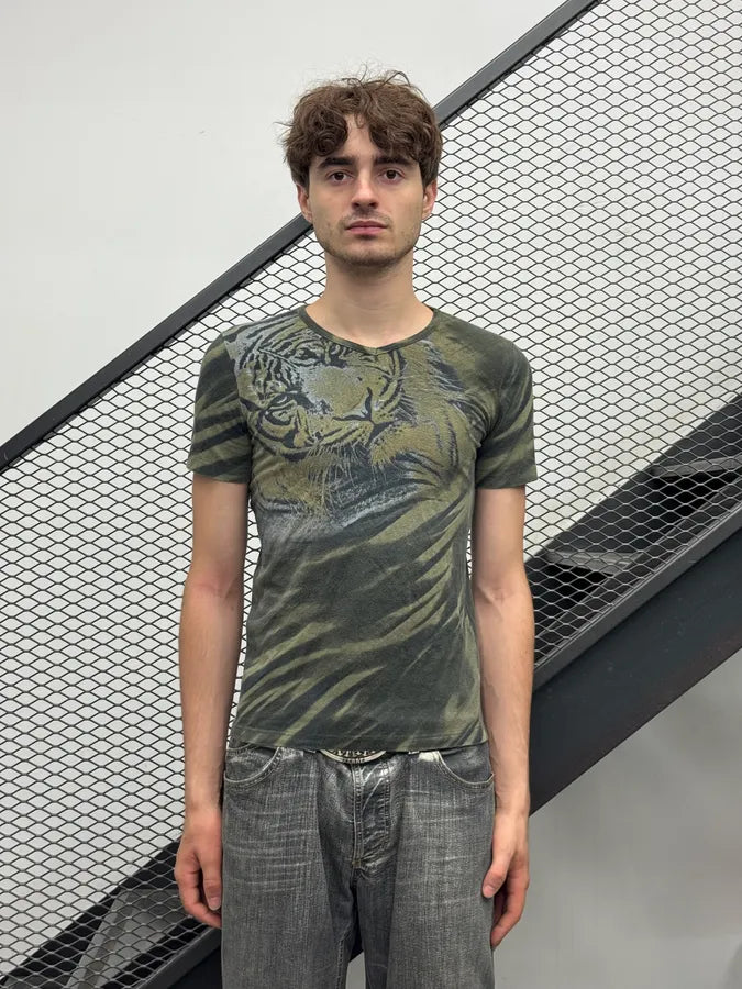 2000s Roberto Cavalli Khaki Green Tiger T-shirt cnXcimr 0