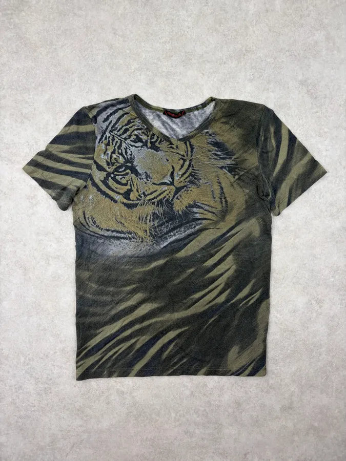 2000s Roberto Cavalli Khaki Green Tiger T-shirt cnXcimr 2