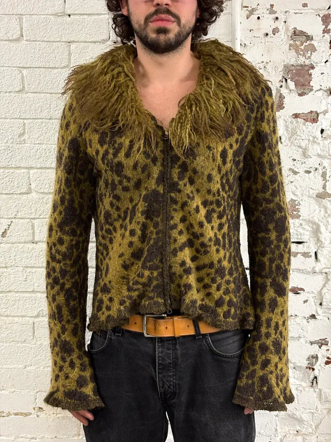 2000s Roberto Cavalli Khaki Mohair Leopard Print Cardigan WPibTMU 1