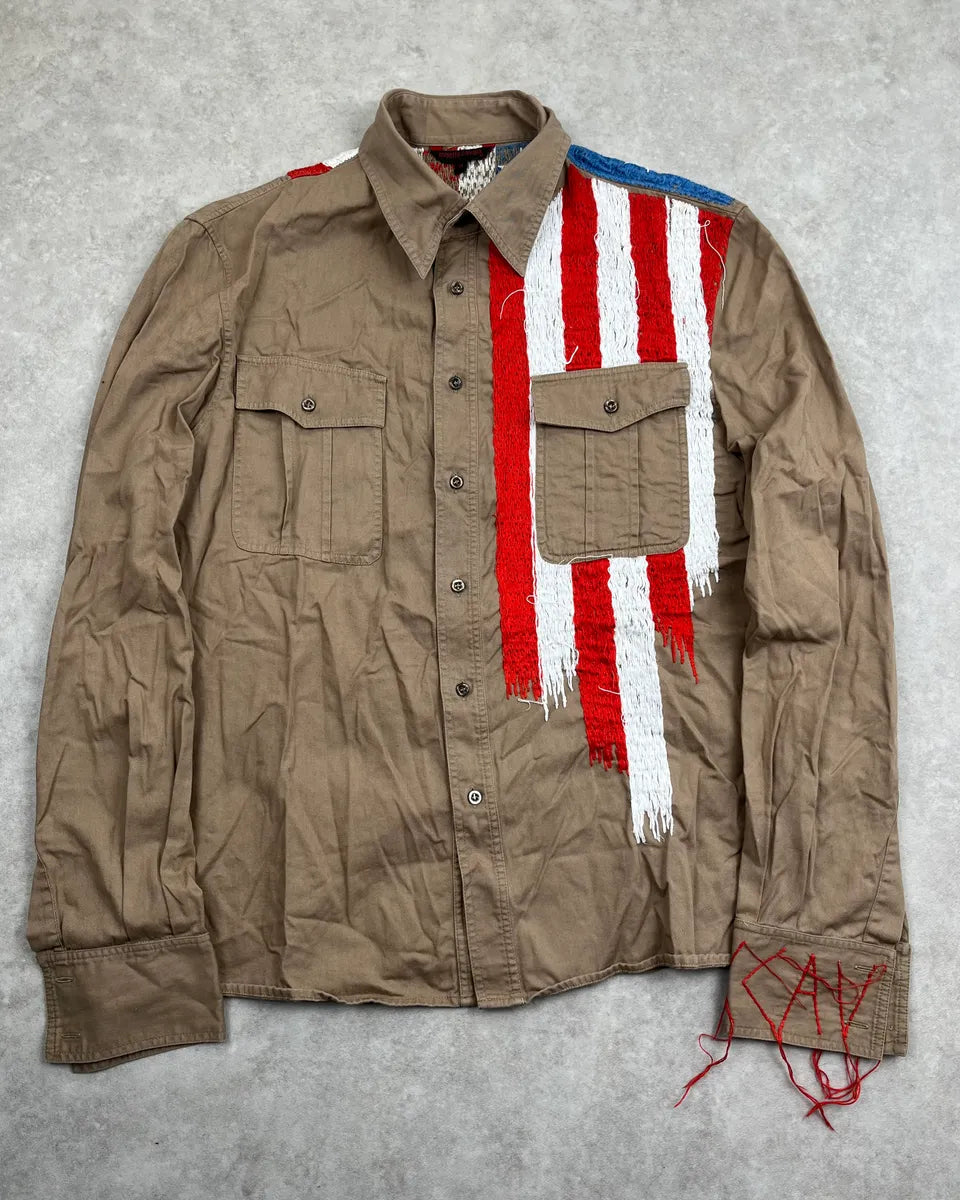 2000s Roberto Cavalli Khaki Stars & Stripes Embroidered Shirt kScQknH 1