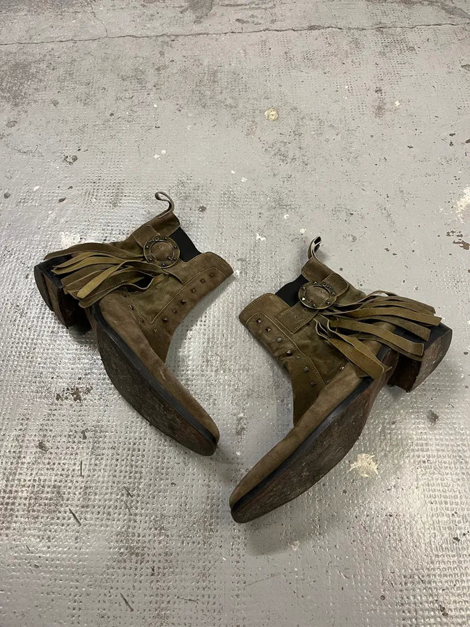 2000s Roberto Cavalli Khaki Suede Fringe Buckle Boots jBEyGss 1