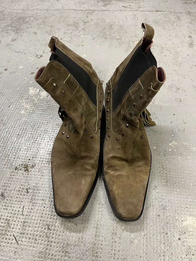 2000s Roberto Cavalli Khaki Suede Fringe Buckle Boots jBEyGss 3