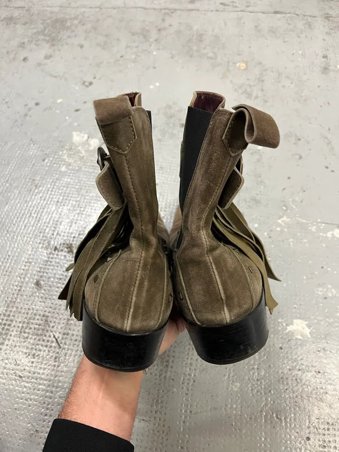2000s Roberto Cavalli Khaki Suede Fringe Buckle Boots jBEyGss 4