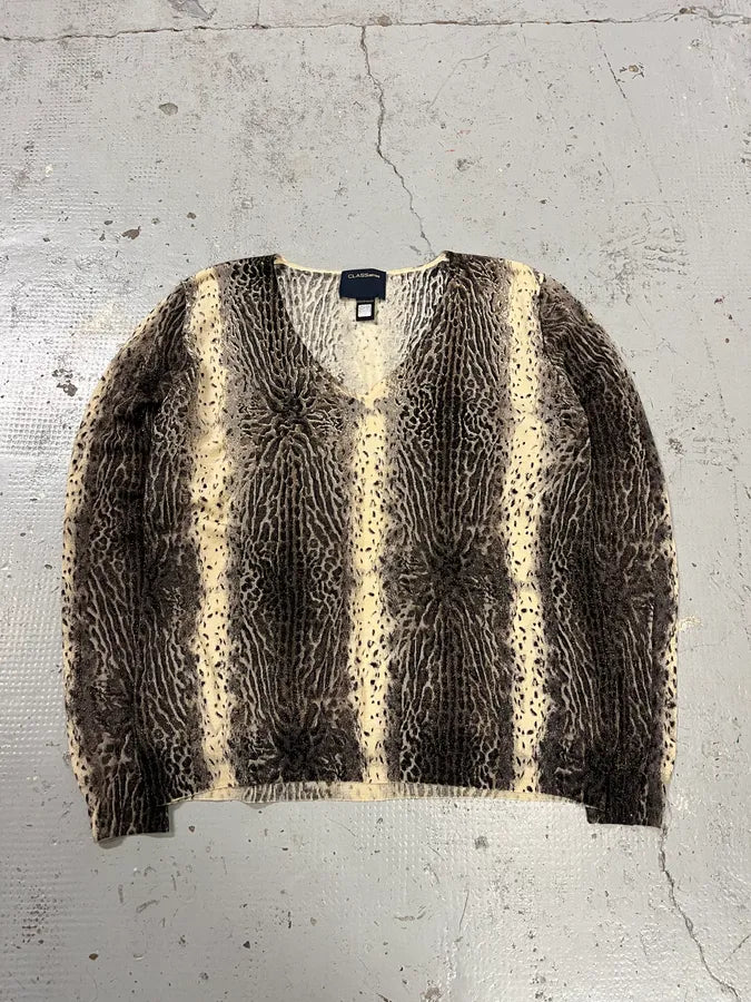 2000s Roberto Cavalli Leopard Beige Knit V Neck Sweater VyEAUDE 2