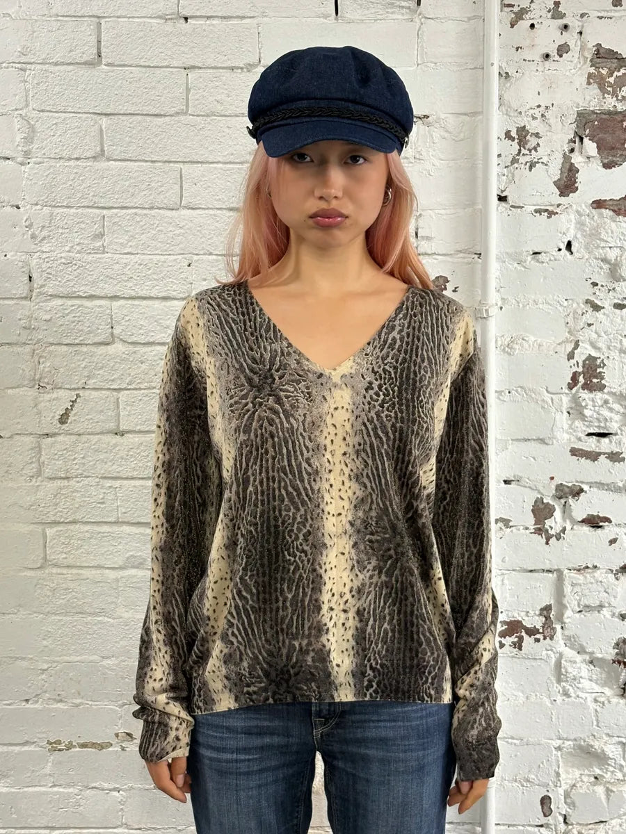 2000s Roberto Cavalli Leopard Beige Knit V Neck Sweater VyEAUDE 0