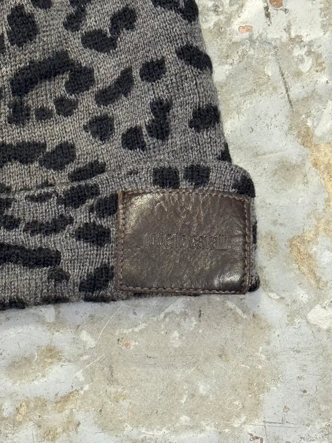 2000s Roberto Cavalli Leopard Black Grey Wool Beanie YNLUCfY 3