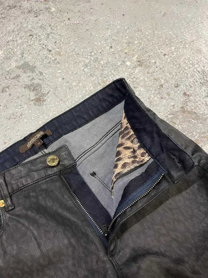 2000s Roberto Cavalli Leopard Dark Waxed Jeans (S) WkcrUbB 9