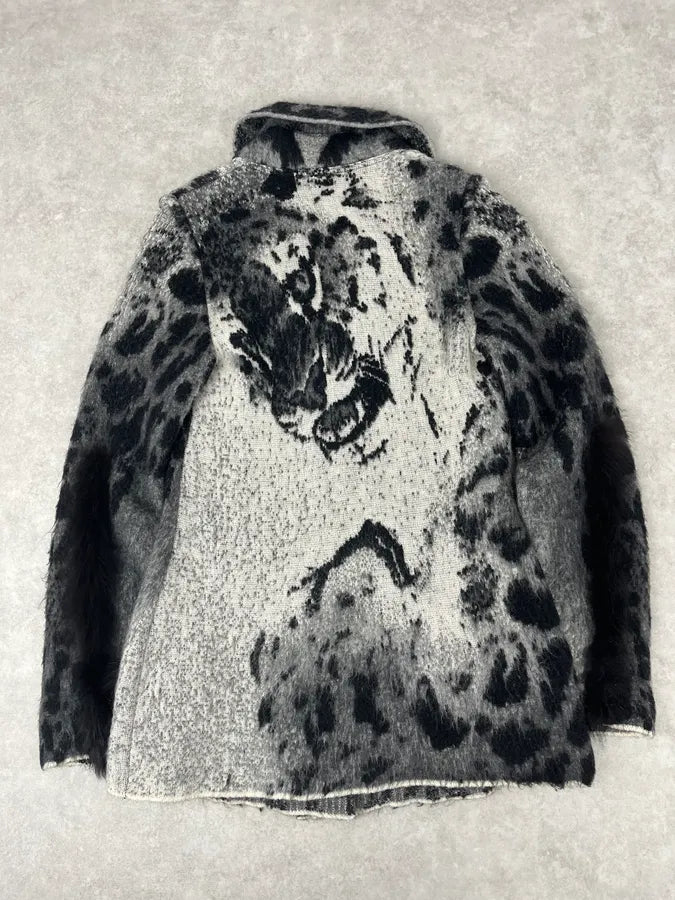 2000s Roberto Cavalli Snow Leopard Fur Wool & Mohair Collar Cardigan Jacket kOjyMcu 5