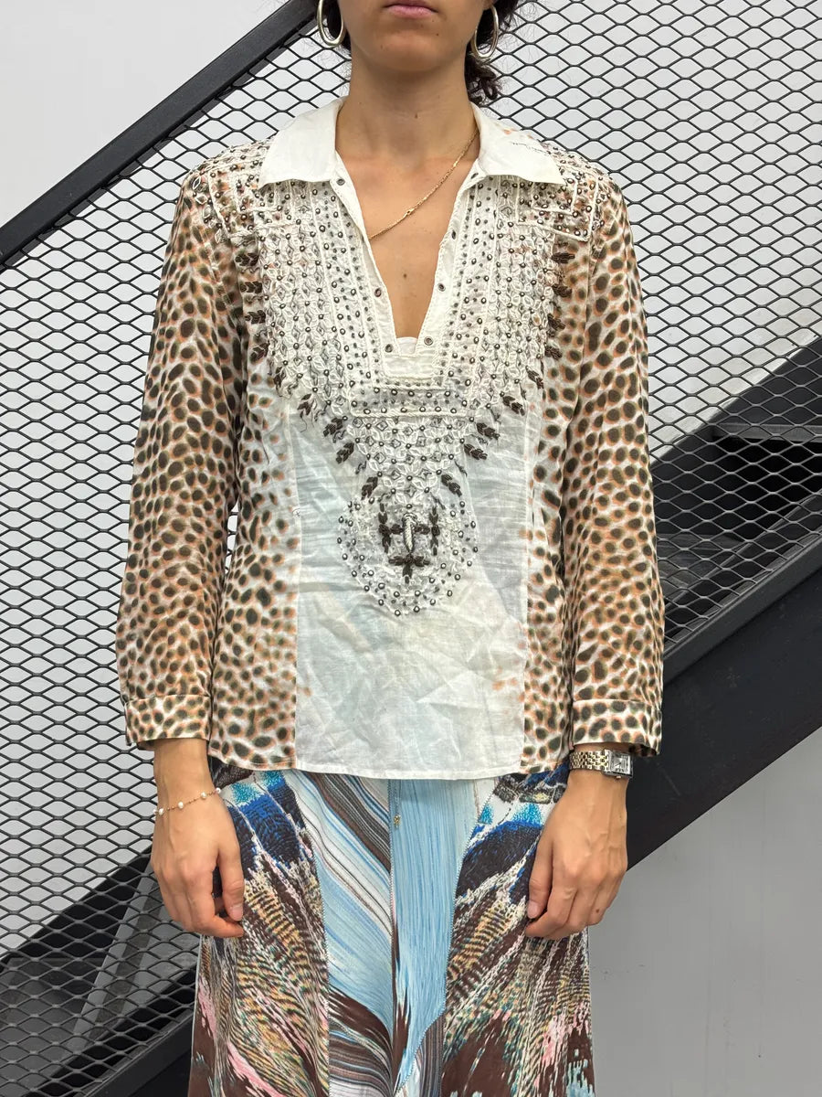 2000s Roberto Cavalli Leopard Sequin White & Brown Shirt VchtCgn 0