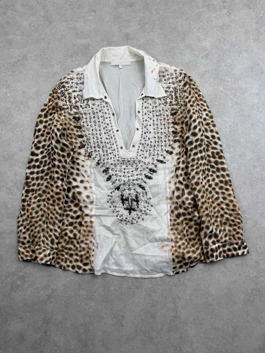 2000s Roberto Cavalli Leopard Sequin White & Brown Shirt VchtCgn 2
