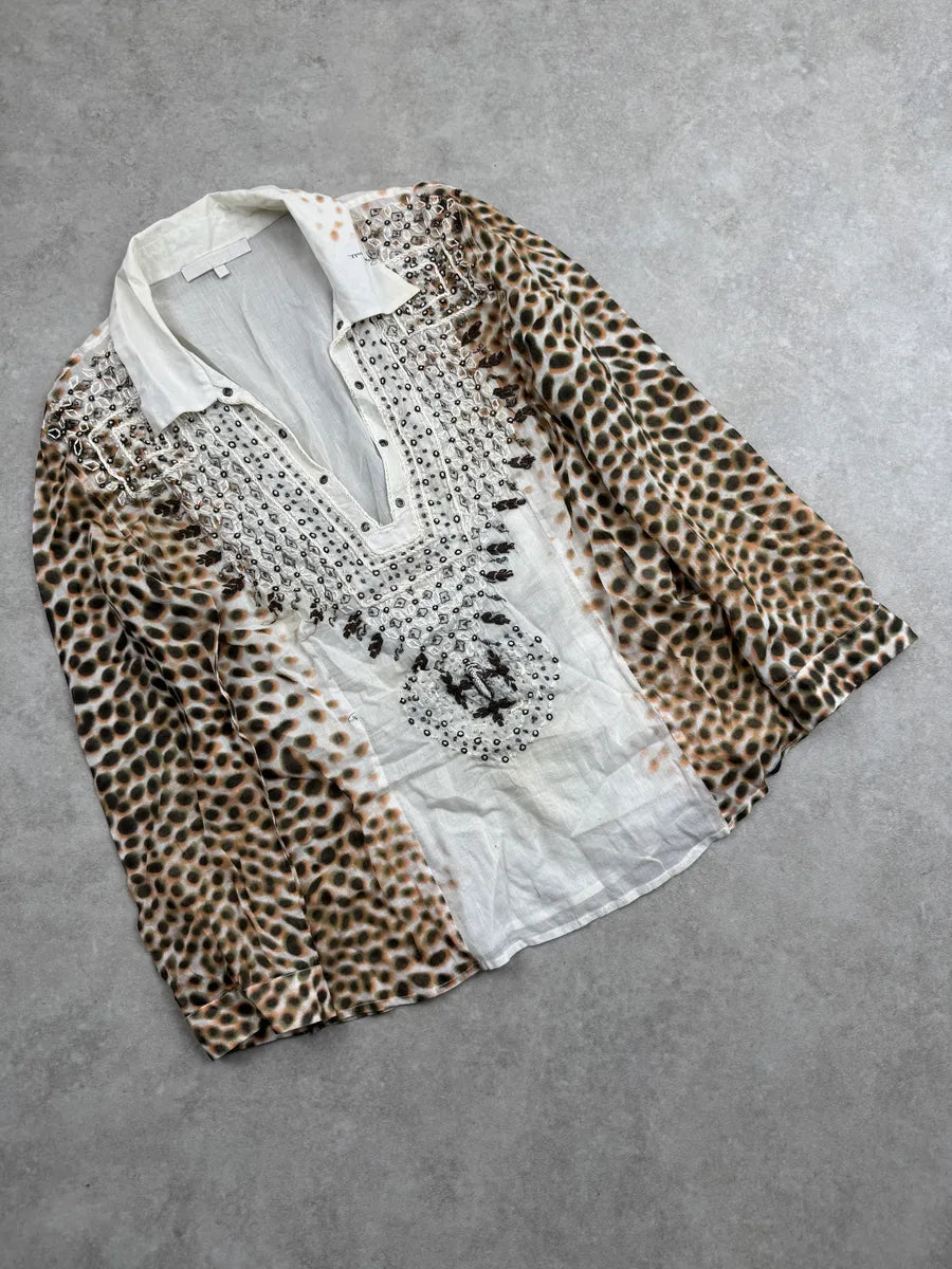 2000s Roberto Cavalli Leopard Sequin White & Brown Shirt VchtCgn 3