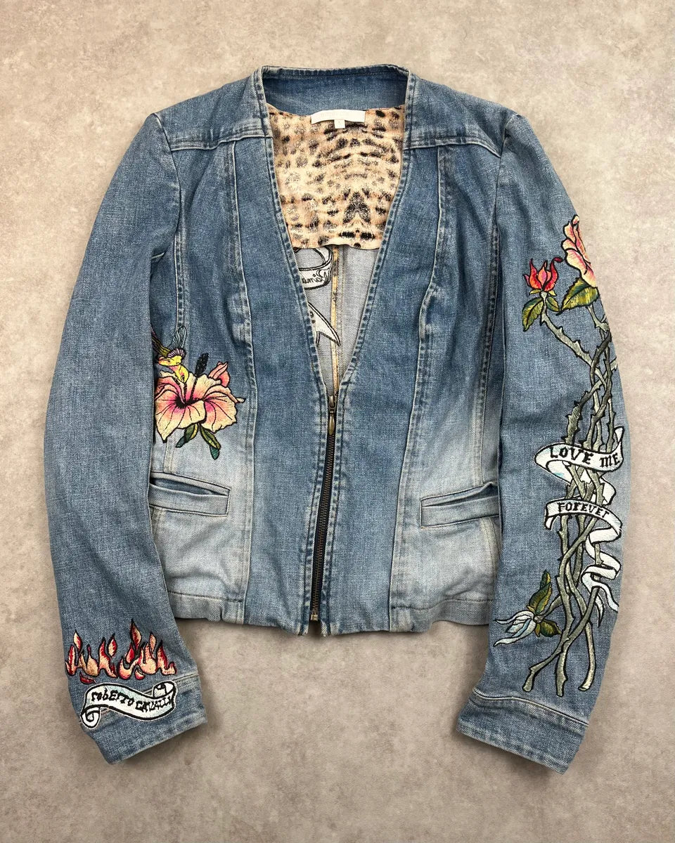 SS2003 Roberto Cavalli Blue Denim Flower Tattoo Embroidered Jacket PGkeODp 0