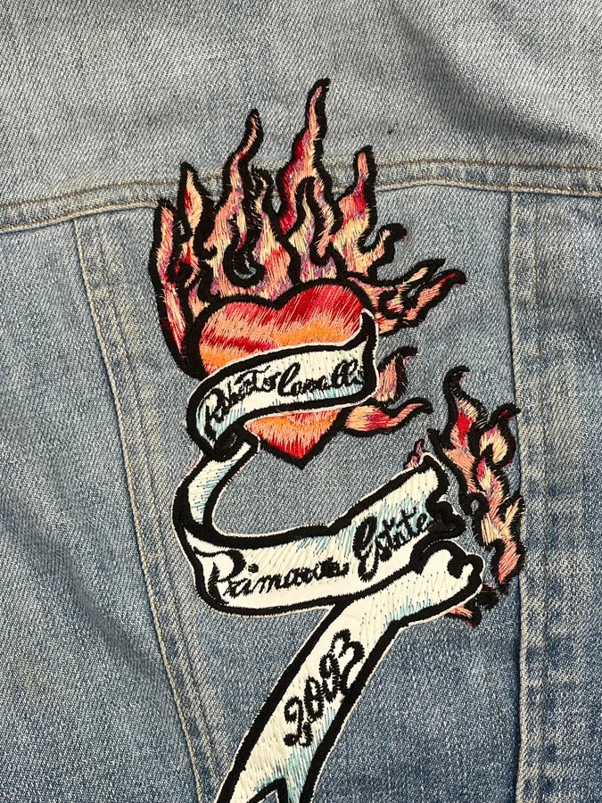 SS2003 Roberto Cavalli Blue Denim Flower Tattoo Embroidered Jacket PGkeODp 10