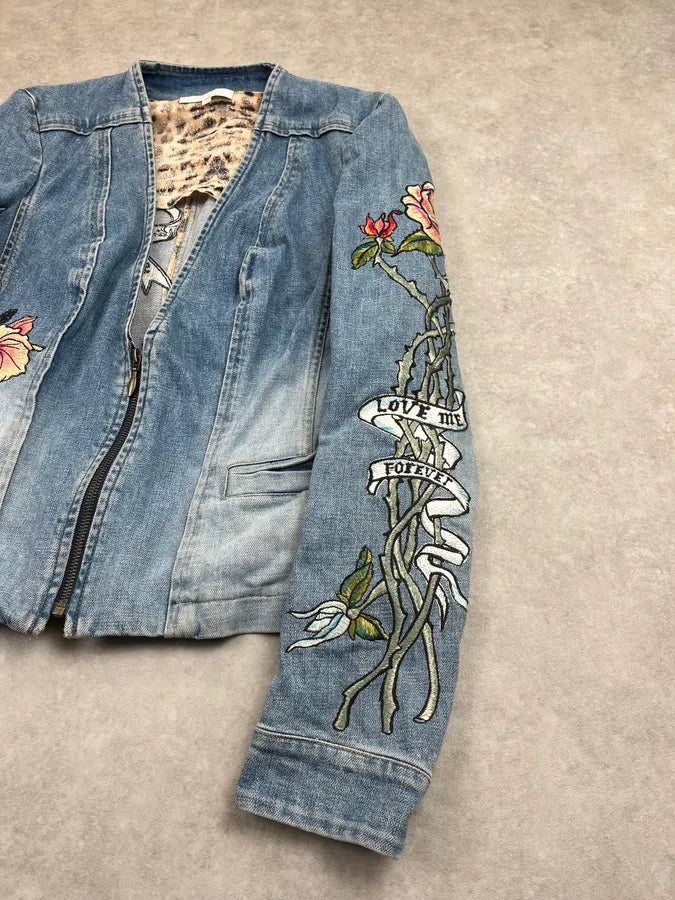 SS2003 Roberto Cavalli Blue Denim Flower Tattoo Embroidered Jacket PGkeODp 4