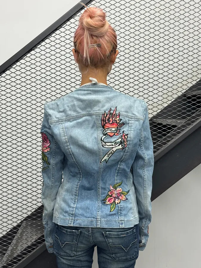 SS2003 Roberto Cavalli Blue Denim Flower Tattoo Embroidered Jacket PGkeODp 2