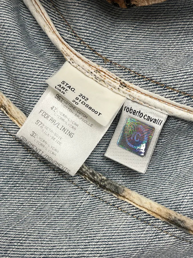 SS2003 Roberto Cavalli Blue Denim Flower Tattoo Embroidered Jacket PGkeODp 11