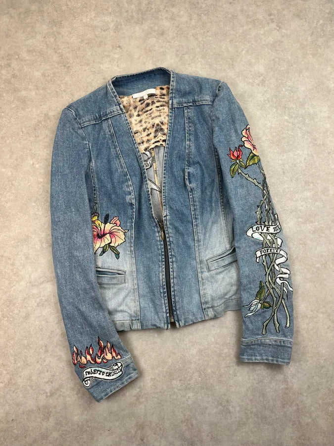 SS2003 Roberto Cavalli Blue Denim Flower Tattoo Embroidered Jacket PGkeODp 3