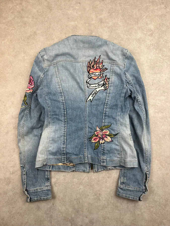 SS2003 Roberto Cavalli Blue Denim Flower Tattoo Embroidered Jacket PGkeODp 5