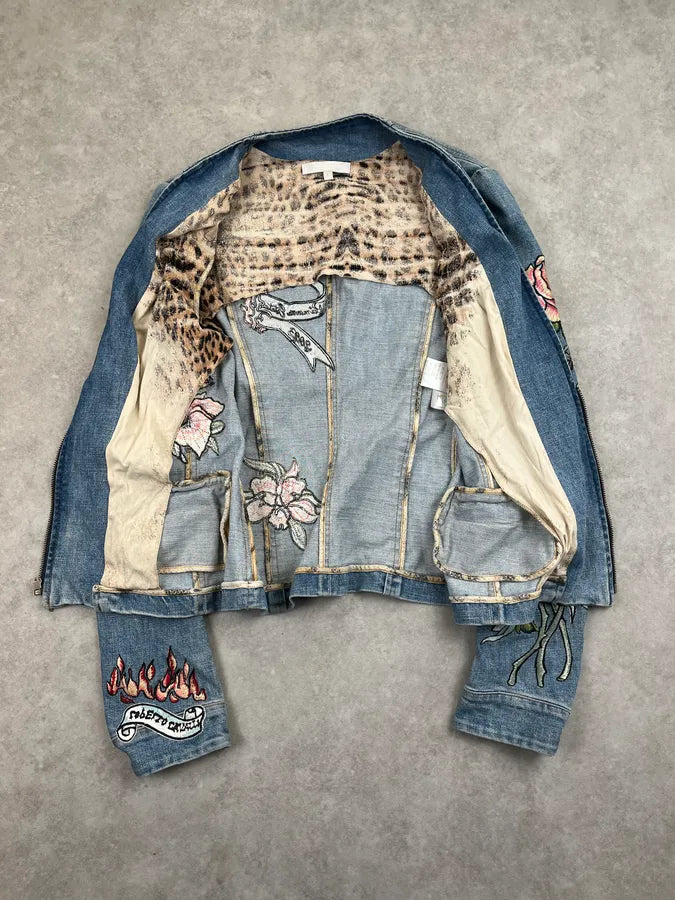 SS2003 Roberto Cavalli Blue Denim Flower Tattoo Embroidered Jacket PGkeODp 6