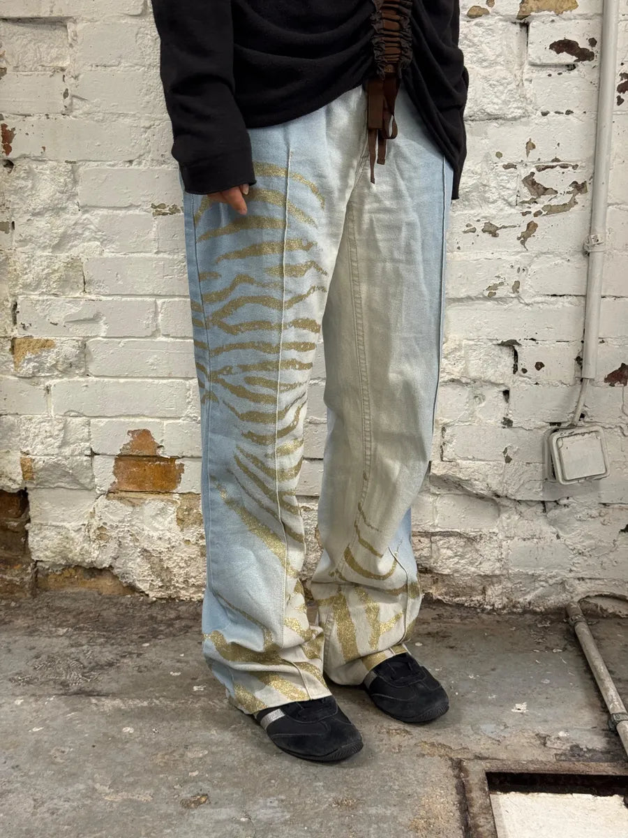 2000s Roberto Cavalli Light Blue Denim Gold Zebra Print Jeans XZToukY 2