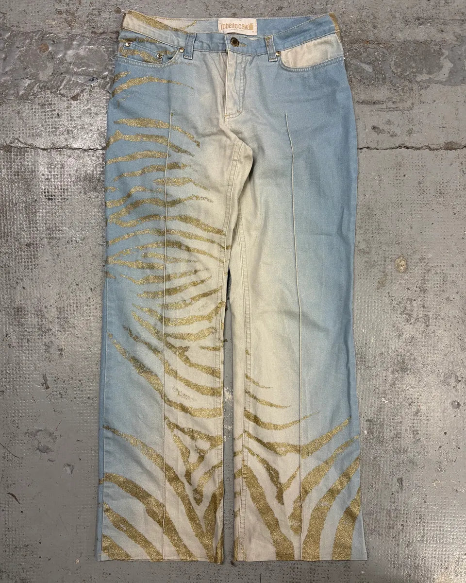 2000s Roberto Cavalli Light Blue Denim Gold Zebra Print Jeans XZToukY 0