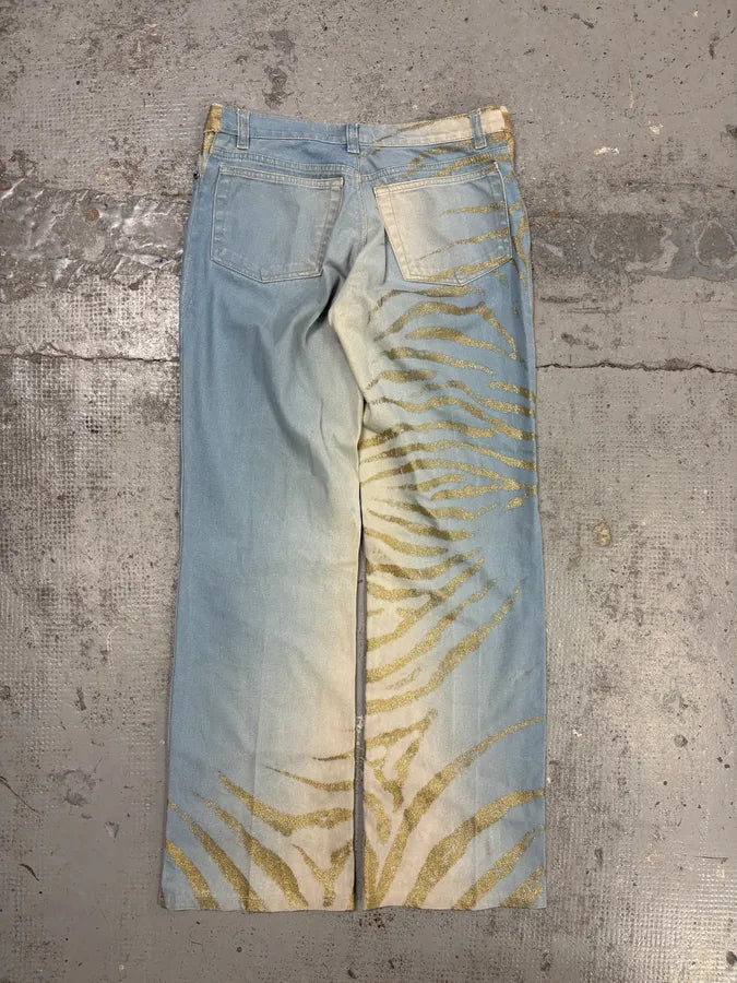 2000s Roberto Cavalli Light Blue Denim Gold Zebra Print Jeans XZToukY 5