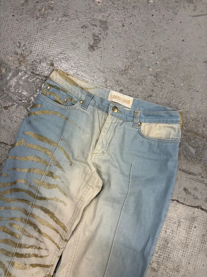 2000s Roberto Cavalli Light Blue Denim Gold Zebra Print Jeans XZToukY 4