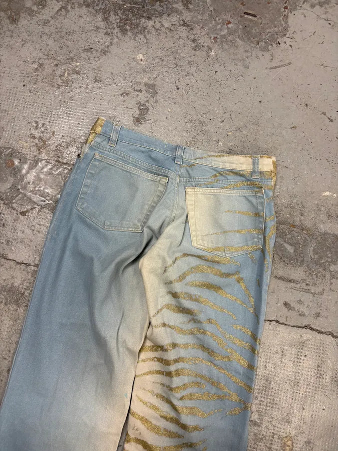 2000s Roberto Cavalli Light Blue Denim Gold Zebra Print Jeans XZToukY 6