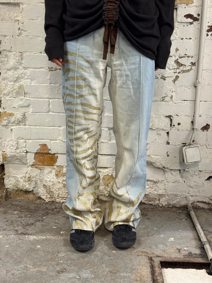 2000s Roberto Cavalli Light Blue Denim Gold Zebra Print Jeans XZToukY 1