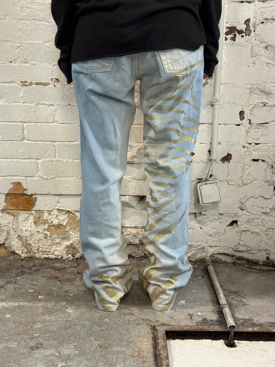 2000s Roberto Cavalli Light Blue Denim Gold Zebra Print Jeans XZToukY 3
