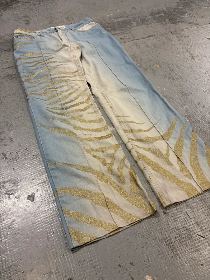 2000s Roberto Cavalli Light Blue Denim Gold Zebra Print Jeans XZToukY 7
