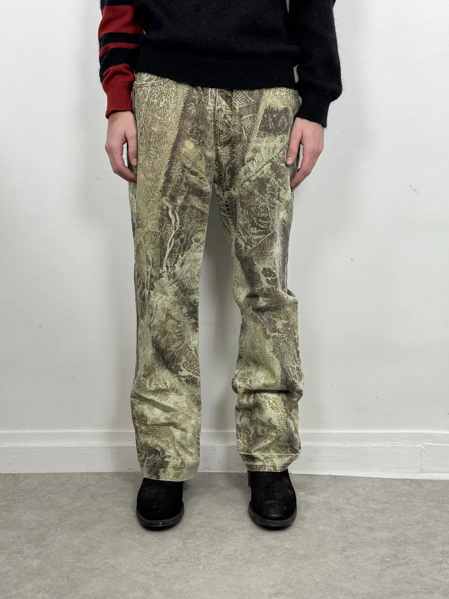 2000s Roberto Cavalli Mozaic Green Abstract Forest Pants beEKasU 2