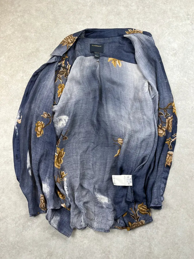 2000s Roberto Cavalli Navy Faded Silk Golden Floral Shirt gwhHDPp 7