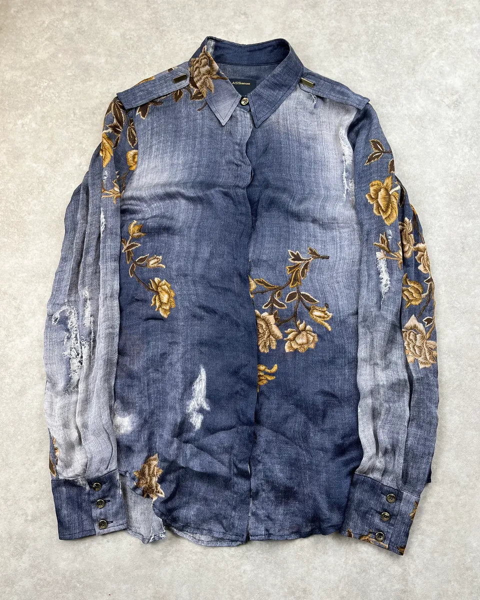 2000s Roberto Cavalli Navy Faded Silk Golden Floral Shirt gwhHDPp 0