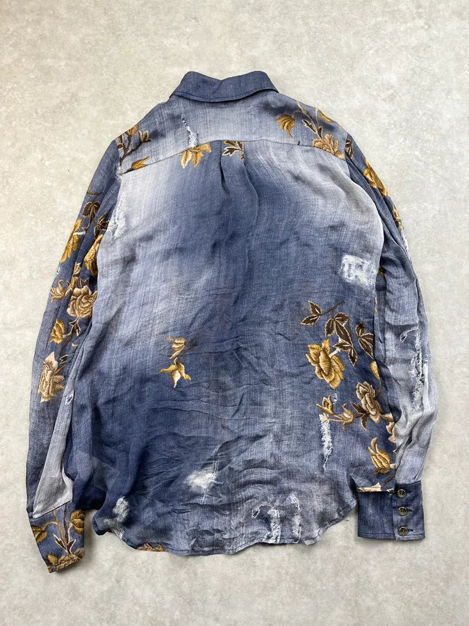 2000s Roberto Cavalli Navy Faded Silk Golden Floral Shirt gwhHDPp 1