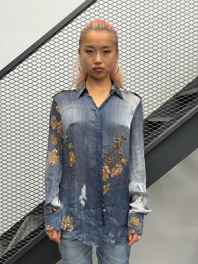 2000s Roberto Cavalli Navy Faded Silk Golden Floral Shirt gwhHDPp 5
