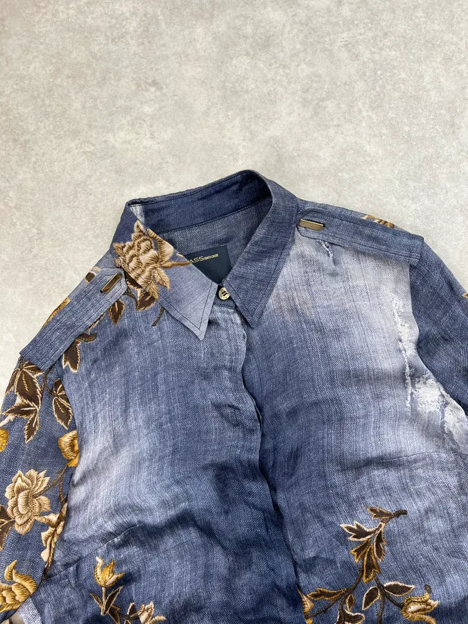 2000s Roberto Cavalli Navy Faded Silk Golden Floral Shirt gwhHDPp 2