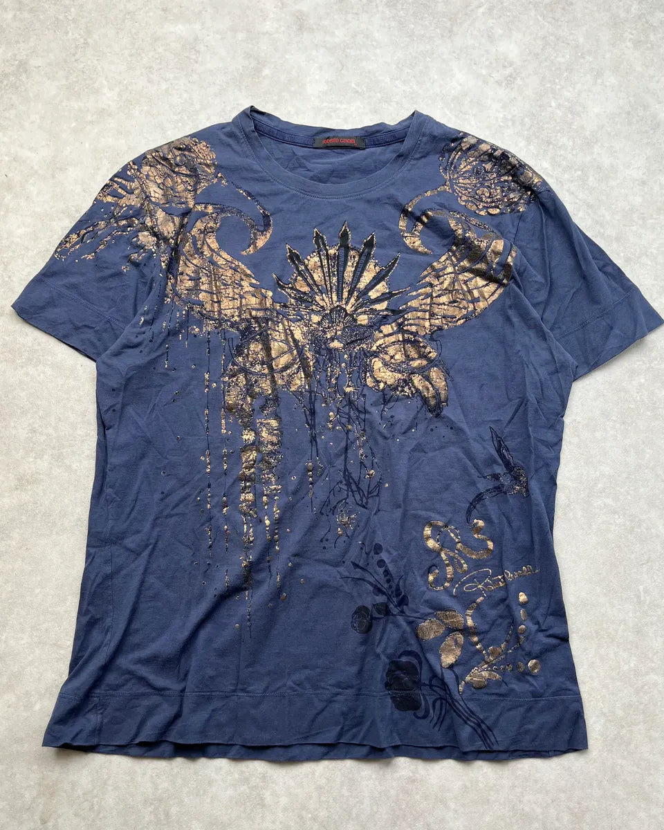 2000s Roberto Cavalli Navy Gold T-Shirt nuChgyt 0