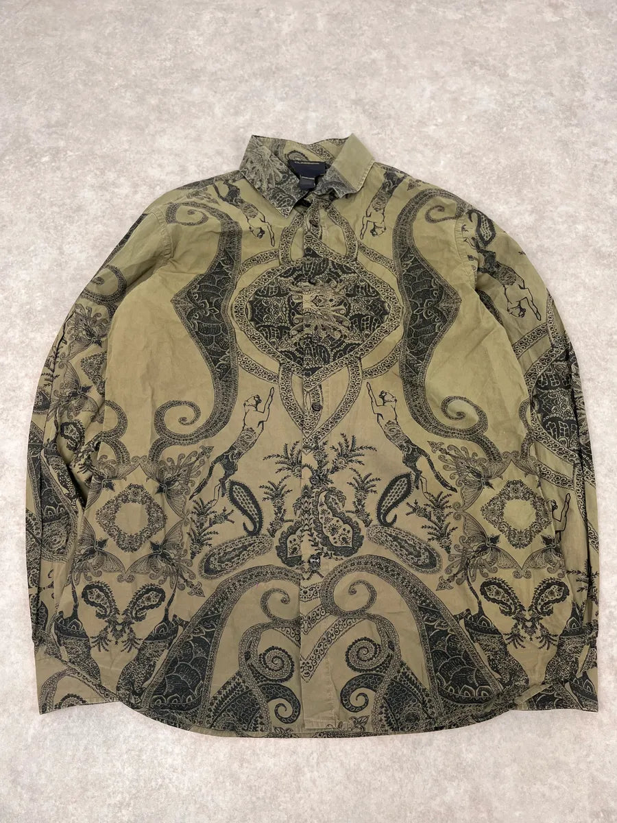 2000s Roberto Cavalli Olive Green & Black Presley Black Shirt TERgKwe 0