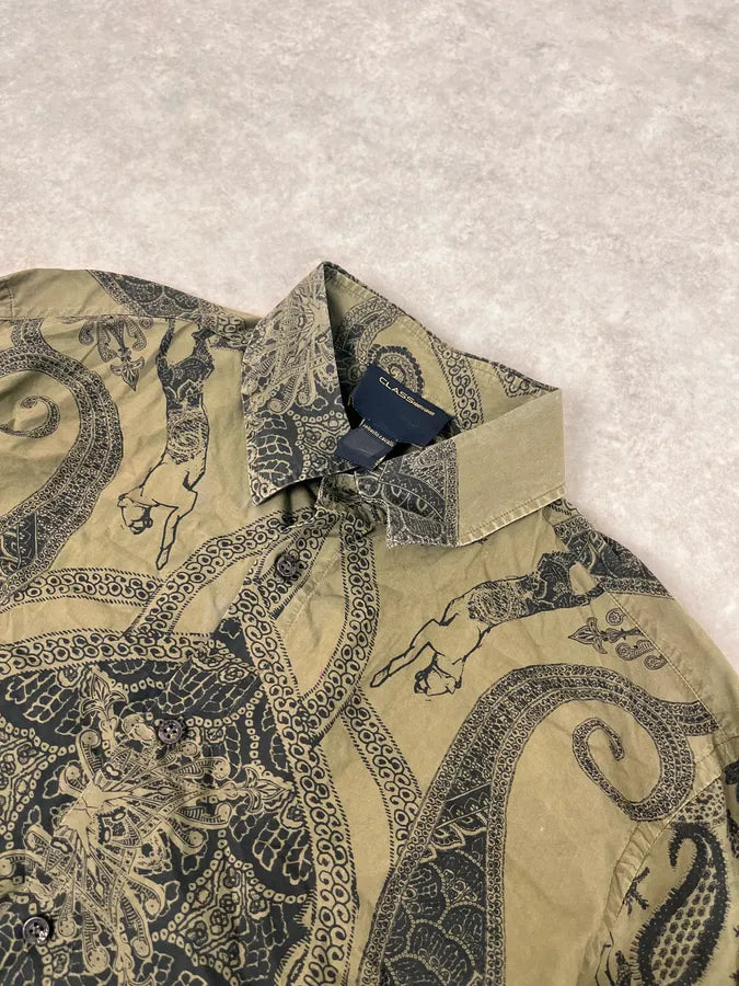 2000s Roberto Cavalli Olive Green & Black Presley Black Shirt TERgKwe 4