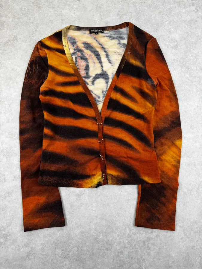 AW2000 Roberto Cavalli Orange Tiger Print Piercings Cardigan uFtLfct 1