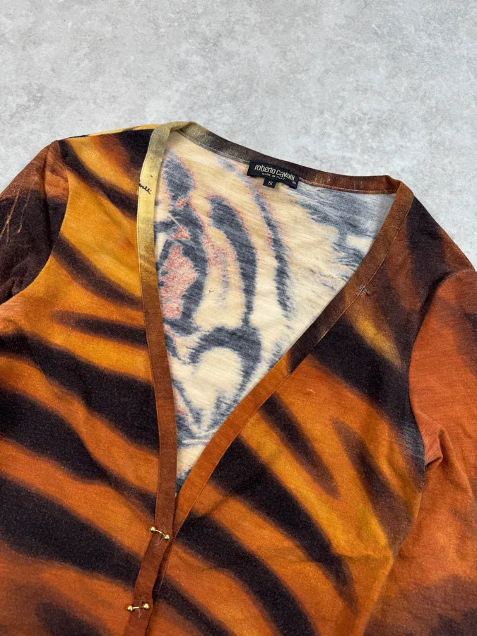 AW2000 Roberto Cavalli Orange Tiger Print Piercings Cardigan uFtLfct 9