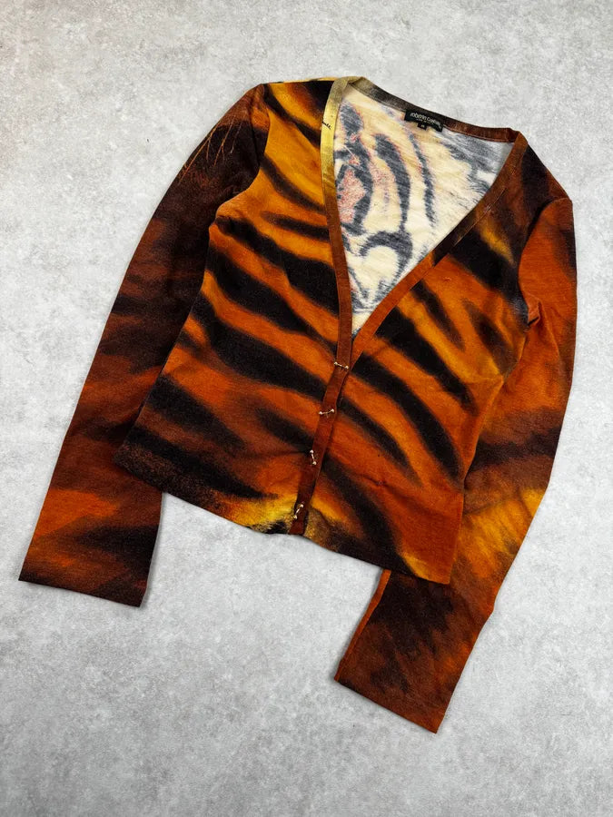 AW2000 Roberto Cavalli Orange Tiger Print Piercings Cardigan uFtLfct 4